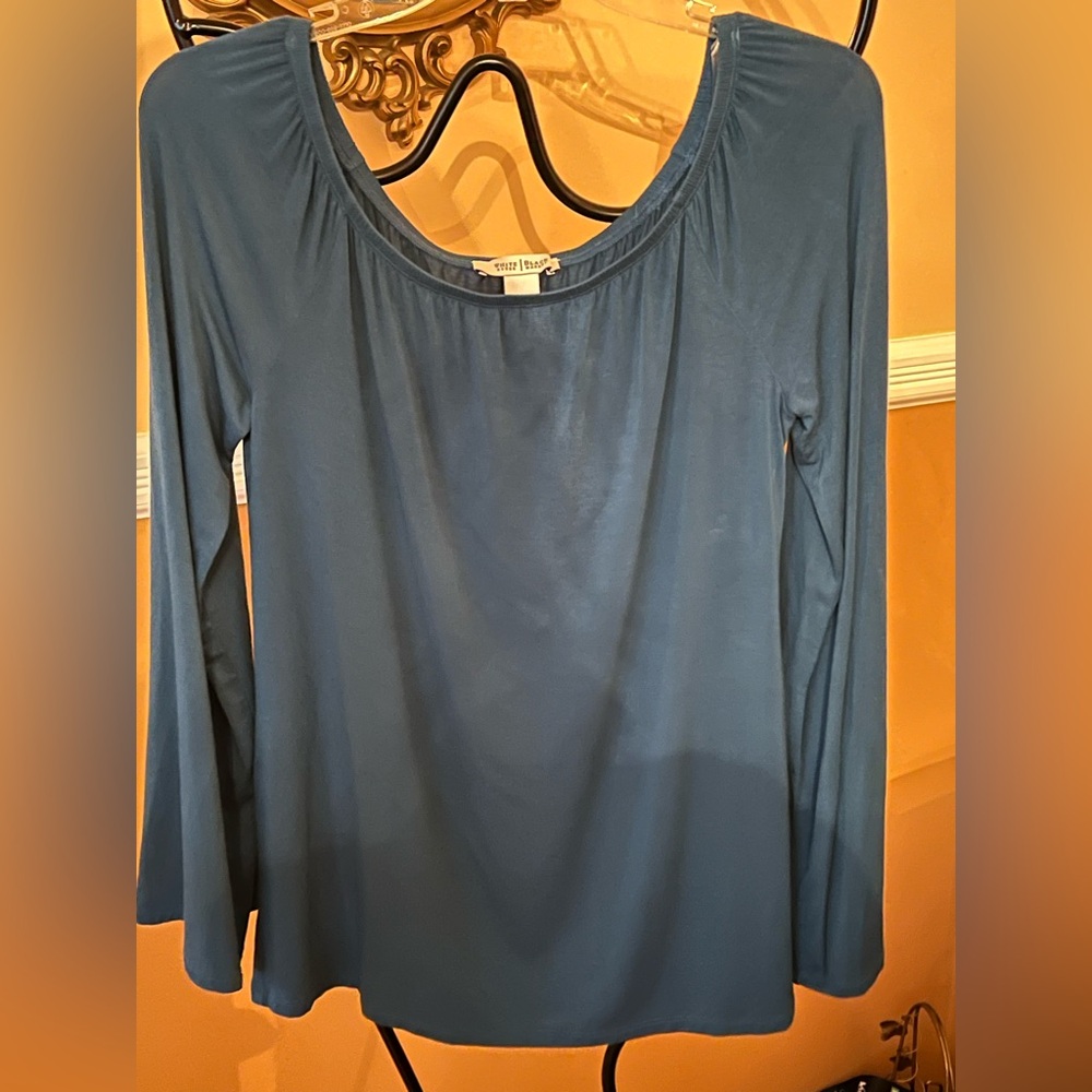 White House Black Market Women's Sz M Teal Long Sleeve Blouse Elastic Neckline
